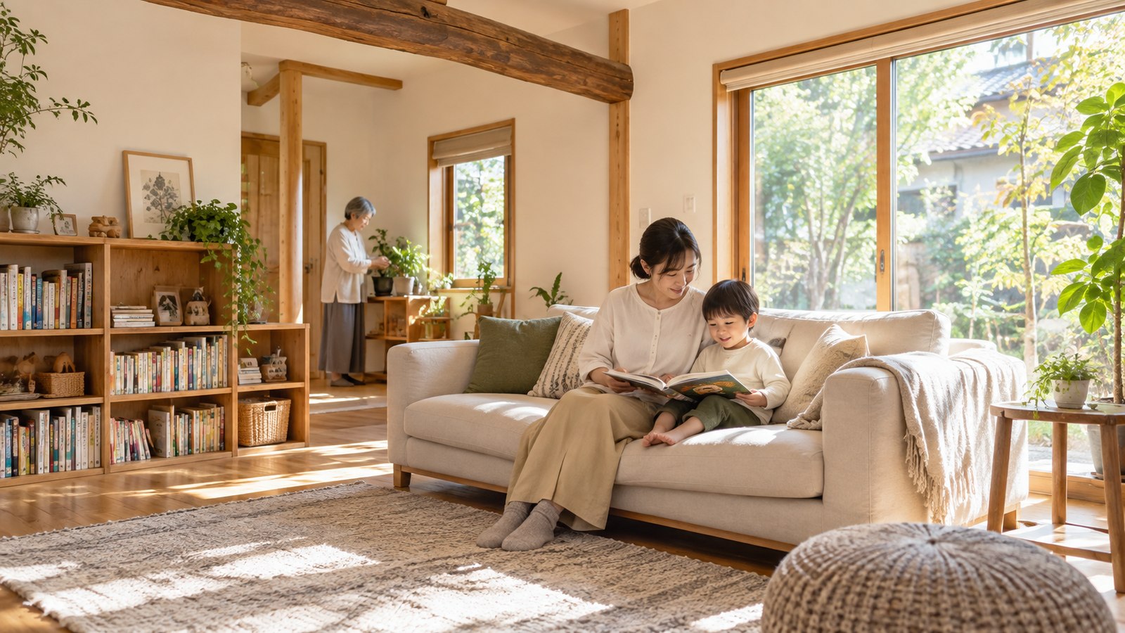 明るいリビングで親子が読書を楽しむ暮らしの生成イメージ