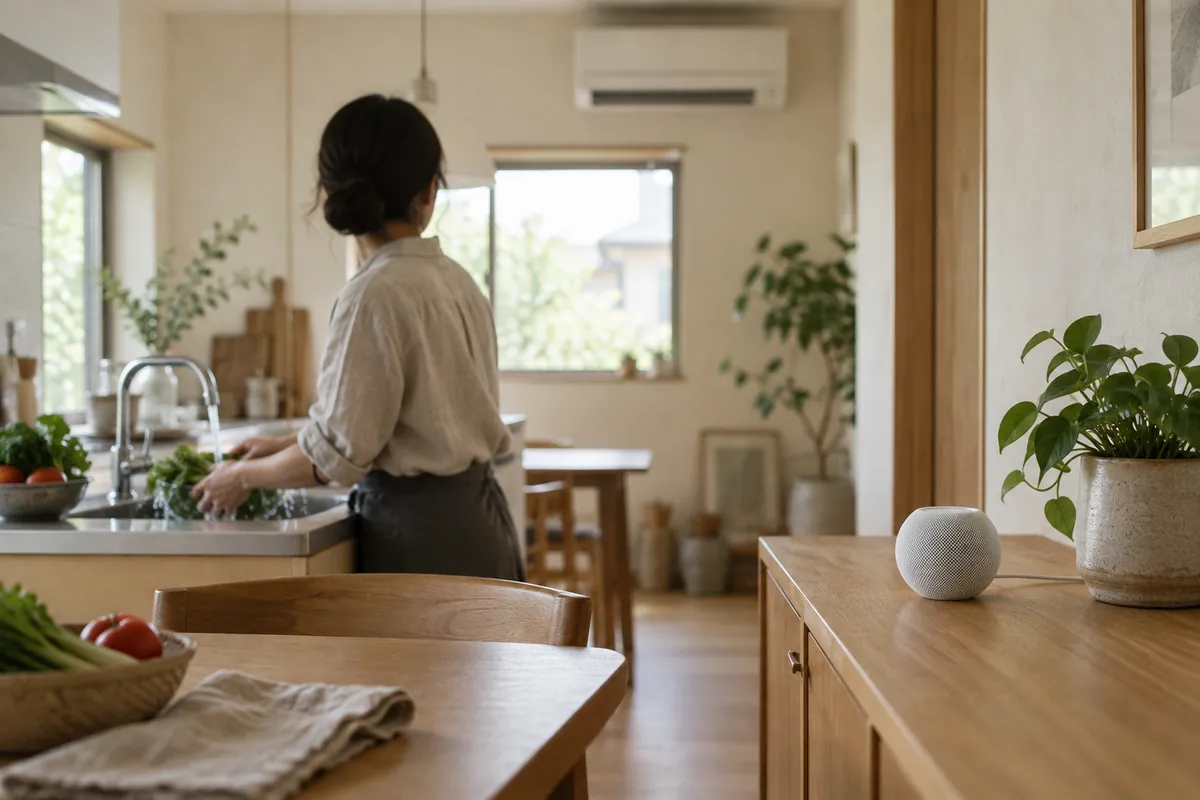 キッチンで野菜を洗う人と、少し離れた棚の上の小さなスマートスピーカー。奥の壁にエアコン（暮らしのイメージ）